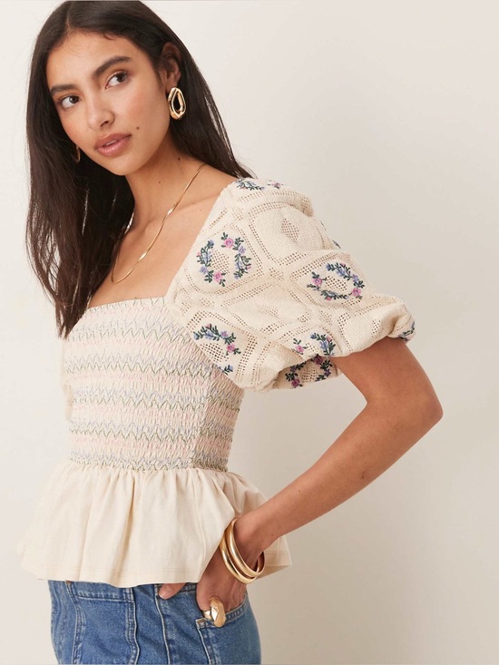 ASOS Tops - ASOS DESIGN Cottagecore Embroidered Puff Sleeve Smocked Peplum Top NWT